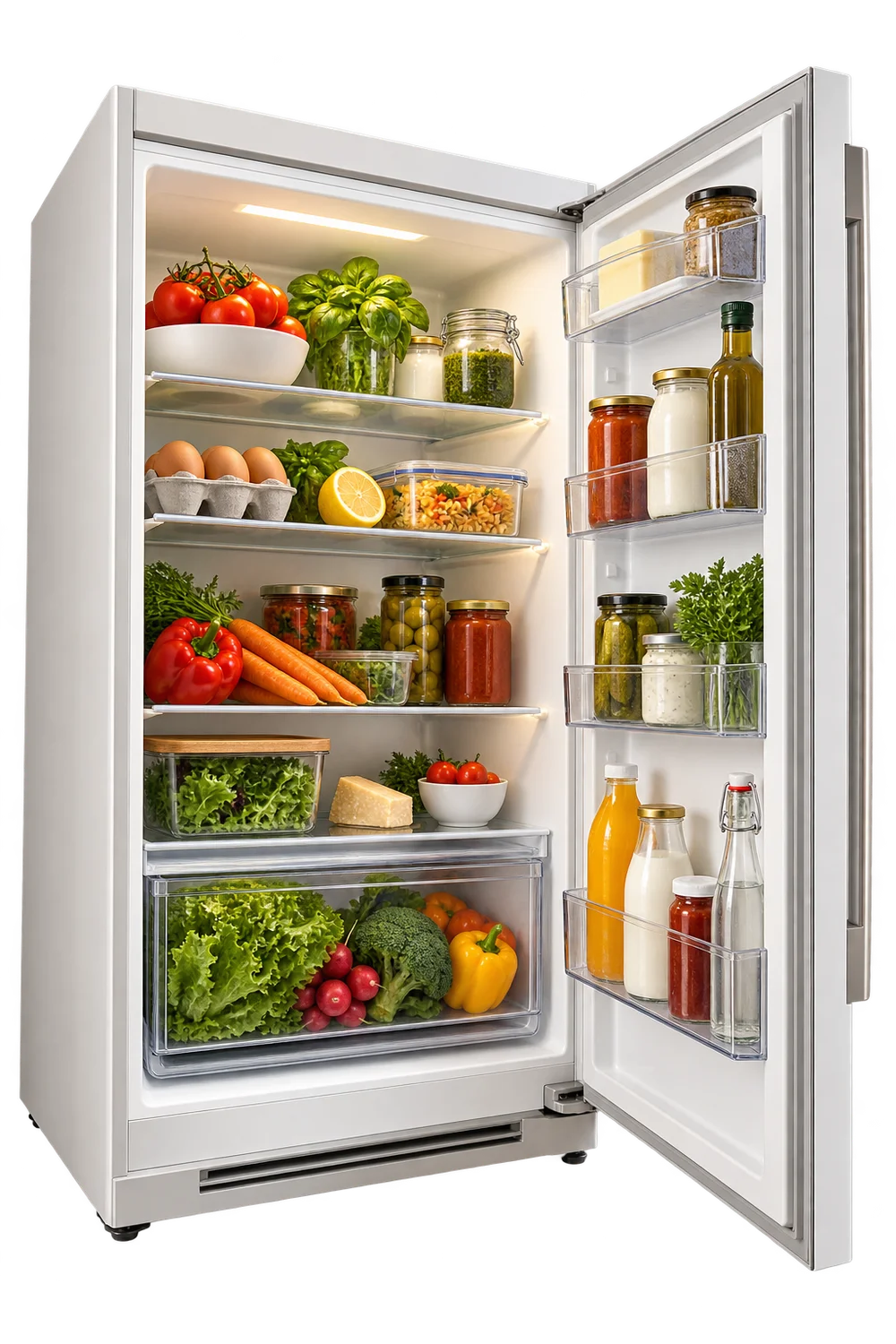 An open fridge with everyday ingredients