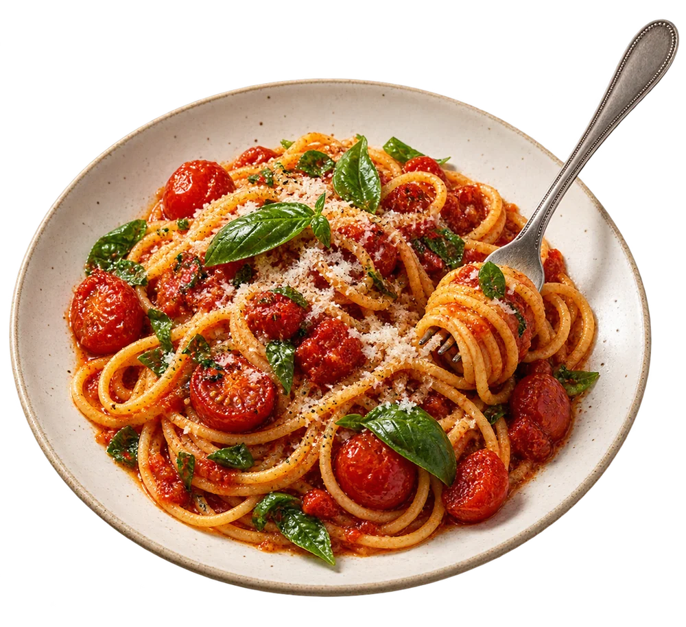 Tomato and spinach pasta with parmesan, an example dinner made from everyday ingredients